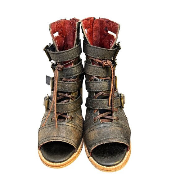 Free Bird By Steven Leather Heeled Open-Toe Sandals With Buckles Black & Burgund - Picture 3 of 9